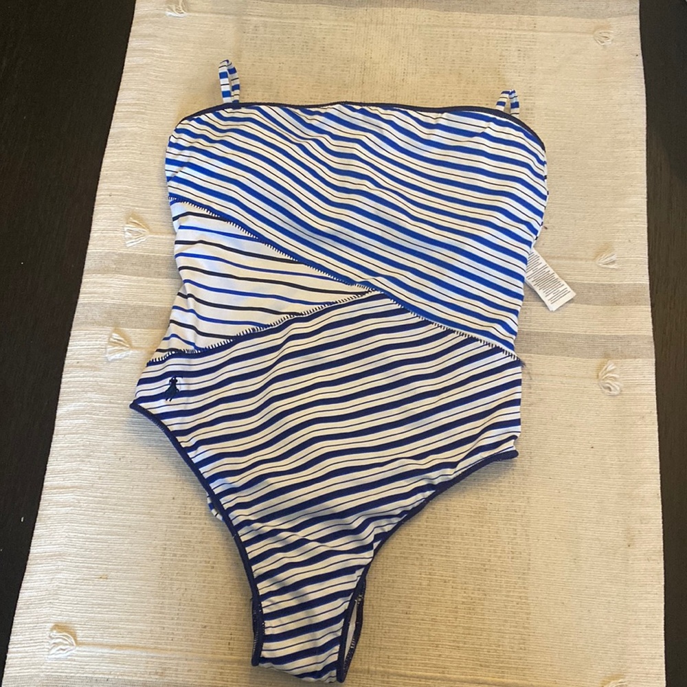 NWT Polo one piece swimsuit. Color white with blue stripes